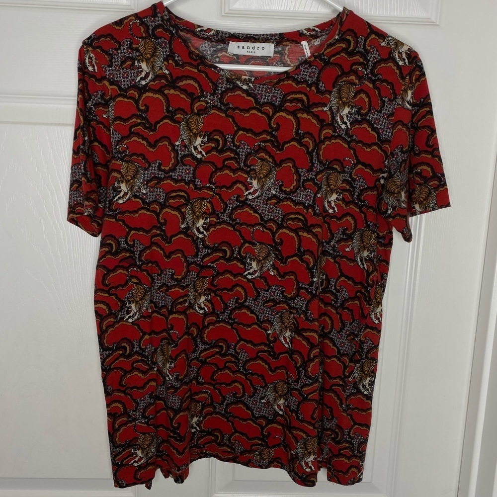 Sandro Paris Tiger Print Graphic Top Sz XS - Picture 10 of 11